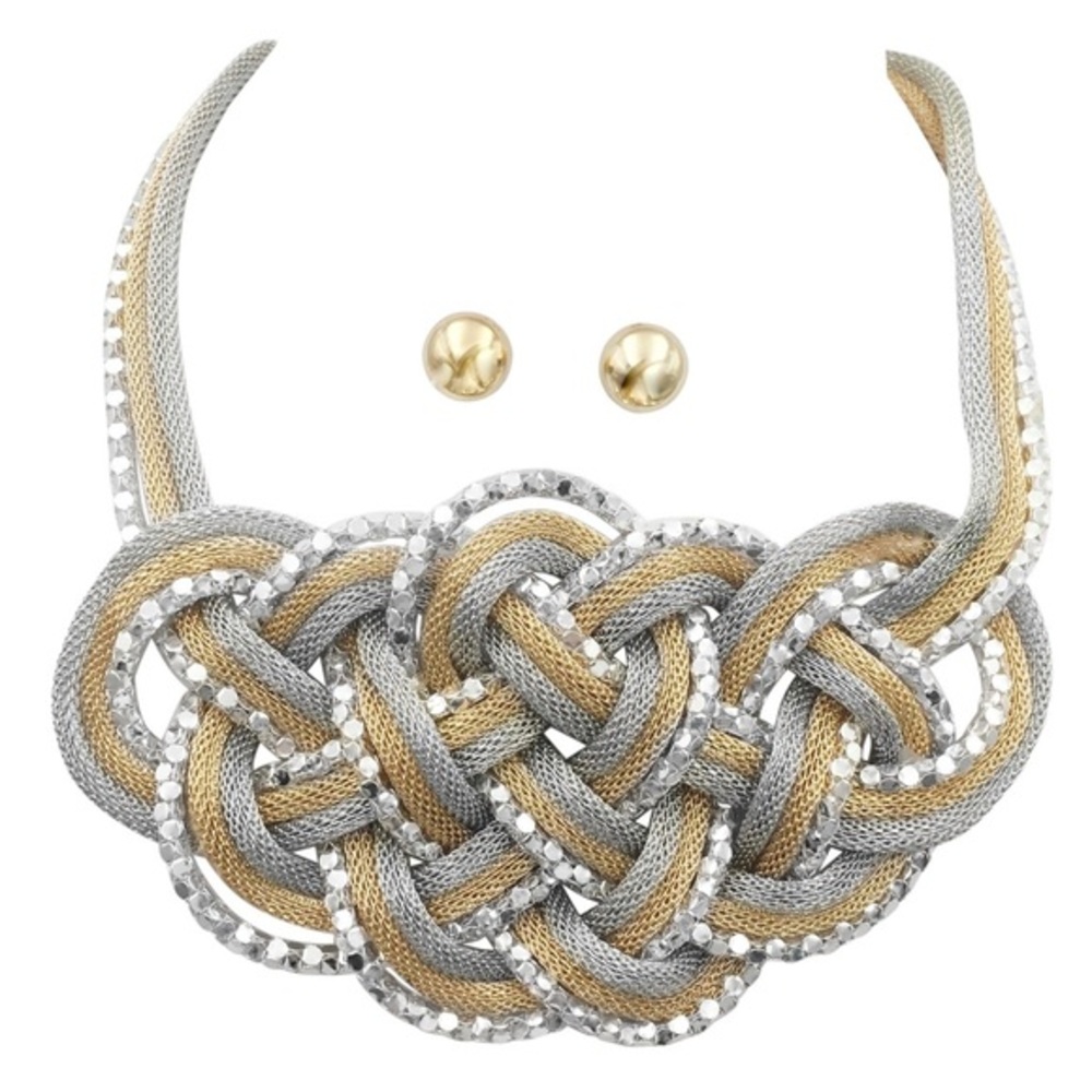 Mesh 2-Tone Braided Chunky Necklace Earrings Set